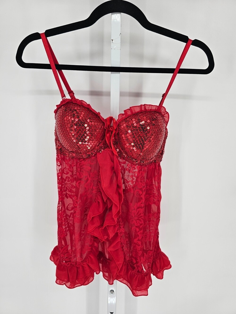 Y2K Seven Til Midnight Womens Sz M Sexy Nightie Red Lace Sequin Top